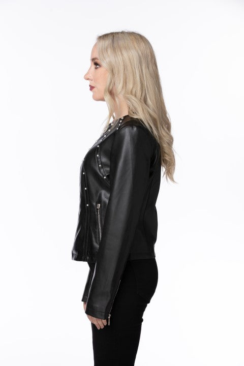 Pearl Studded Faux Leather Jacket