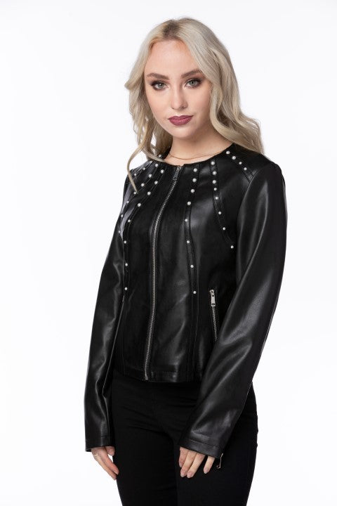 Pearl Studded Faux Leather Jacket