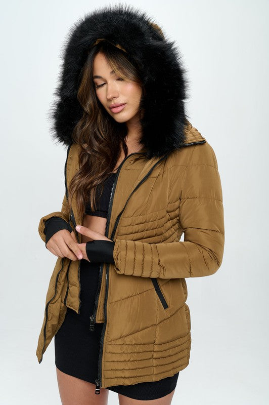Western Faux Fur Trim Puffer Coat