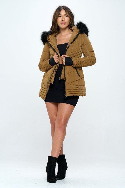 Western Faux Fur Trim Puffer Coat
