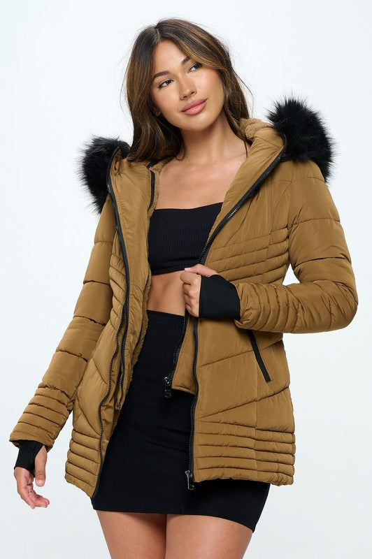 Western Faux Fur Trim Puffer Coat