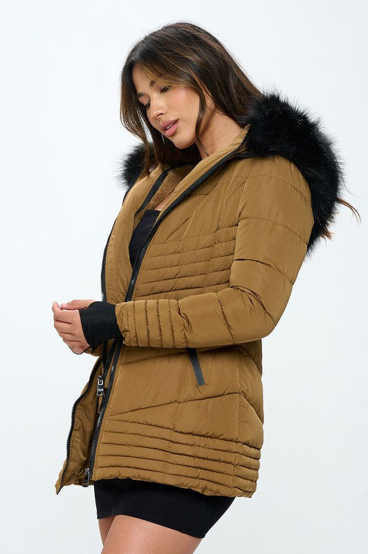 Western Faux Fur Trim Puffer Coat