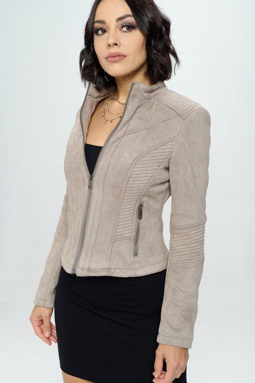 Roxy Faux Suede Textured Bodice Zip Up Jacket