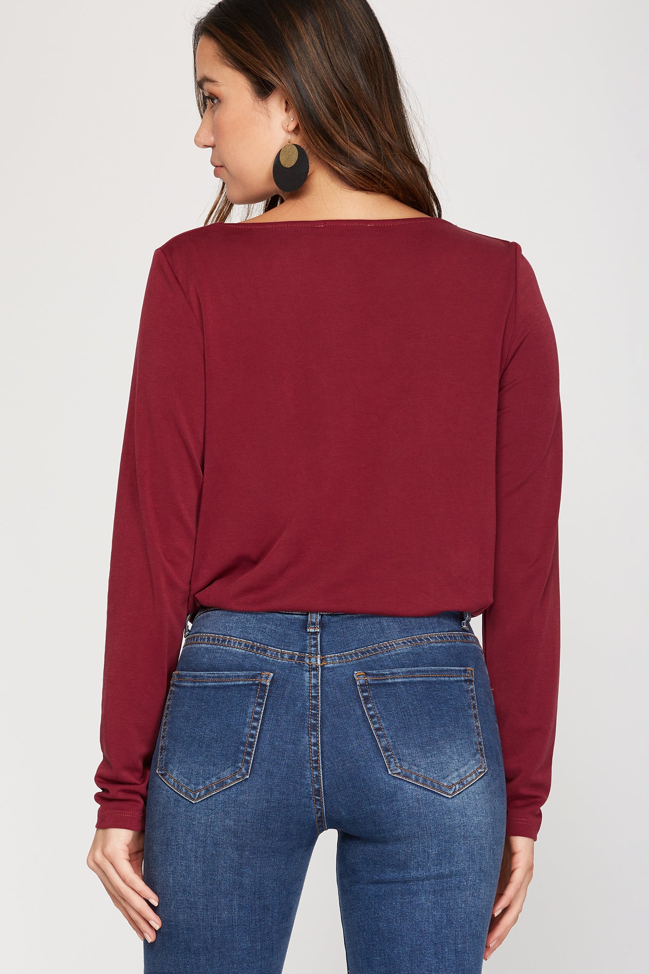 Long Sleeve Cowl Neck Bodysuit - Wine