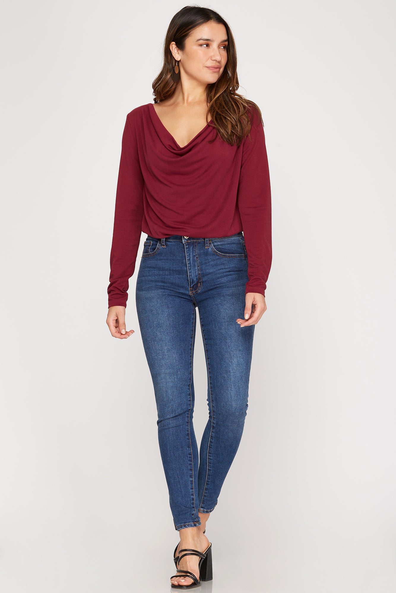 Long Sleeve Cowl Neck Bodysuit - Wine