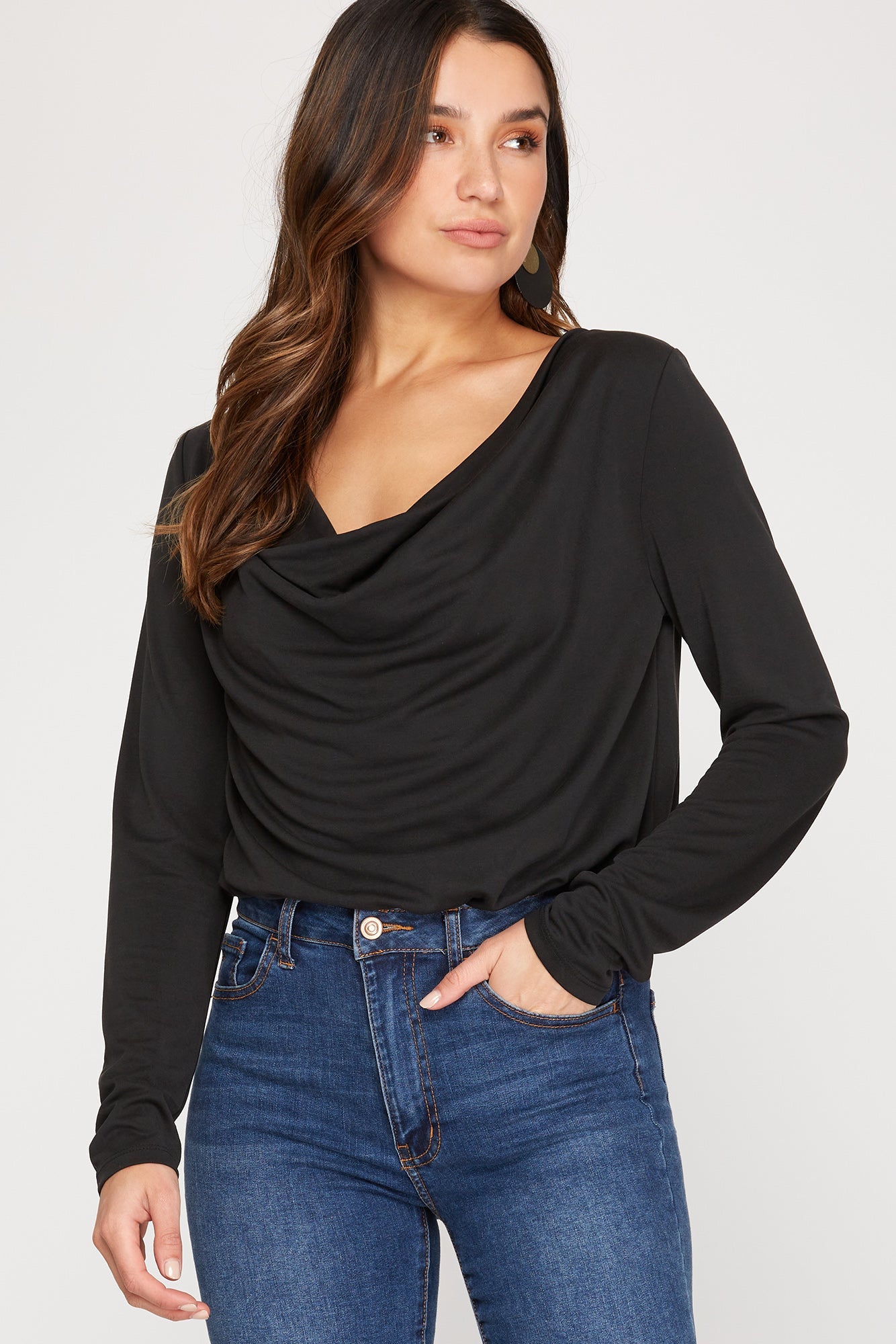Long Sleeve Cowl Neck Bodysuit - Black