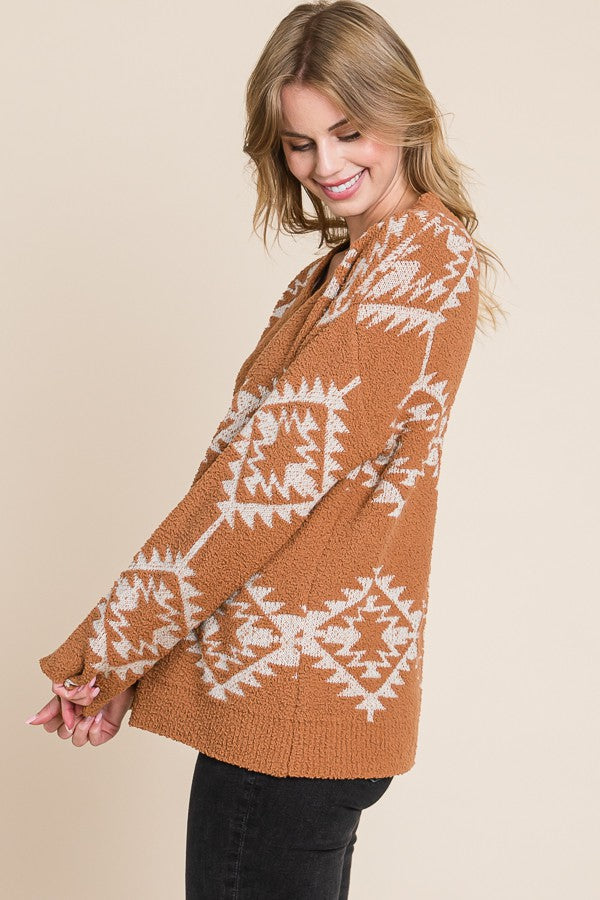 Camel Popcorn Knit Aztec Detailed Sweater