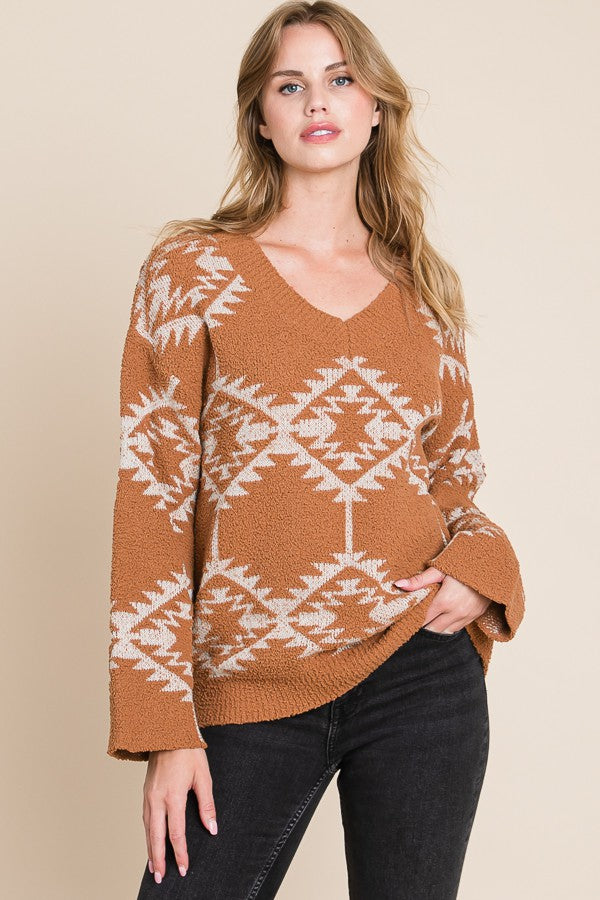 Camel Popcorn Knit Aztec Detailed Sweater
