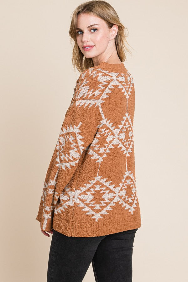 Camel Popcorn Knit Aztec Detailed Sweater