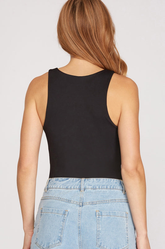 Sleeveless Crew Neck Knit Bodysuit - Black