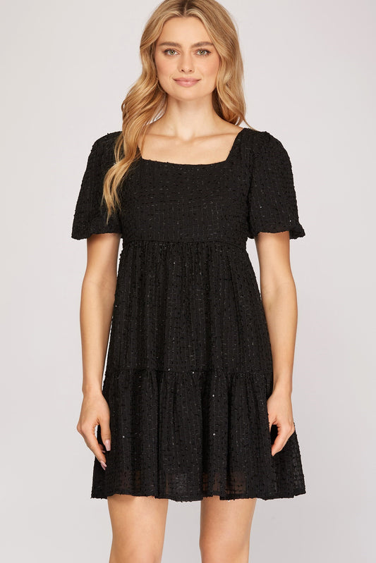 Black Short Puff Sleeve Textured Dress