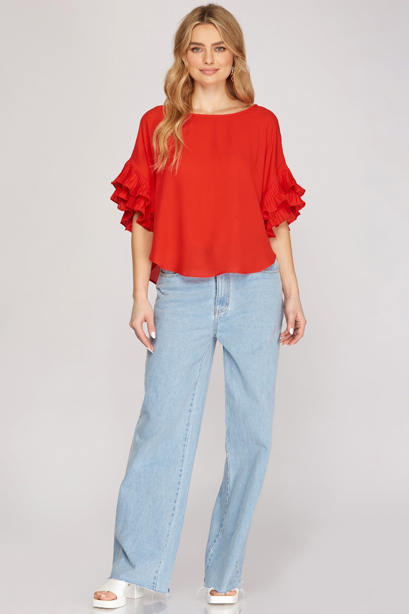 Red Short Ruffle Sleeve Top