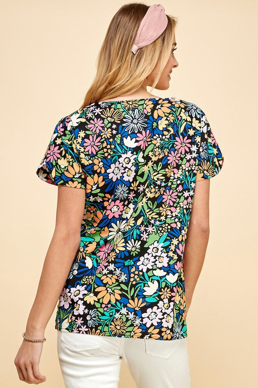 Black Floral Short Sleeve Top