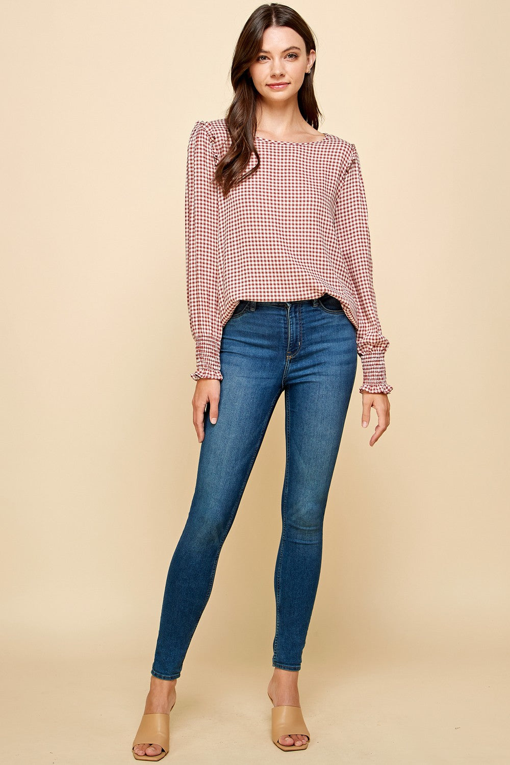 Gingham Print Long Sleeve Top