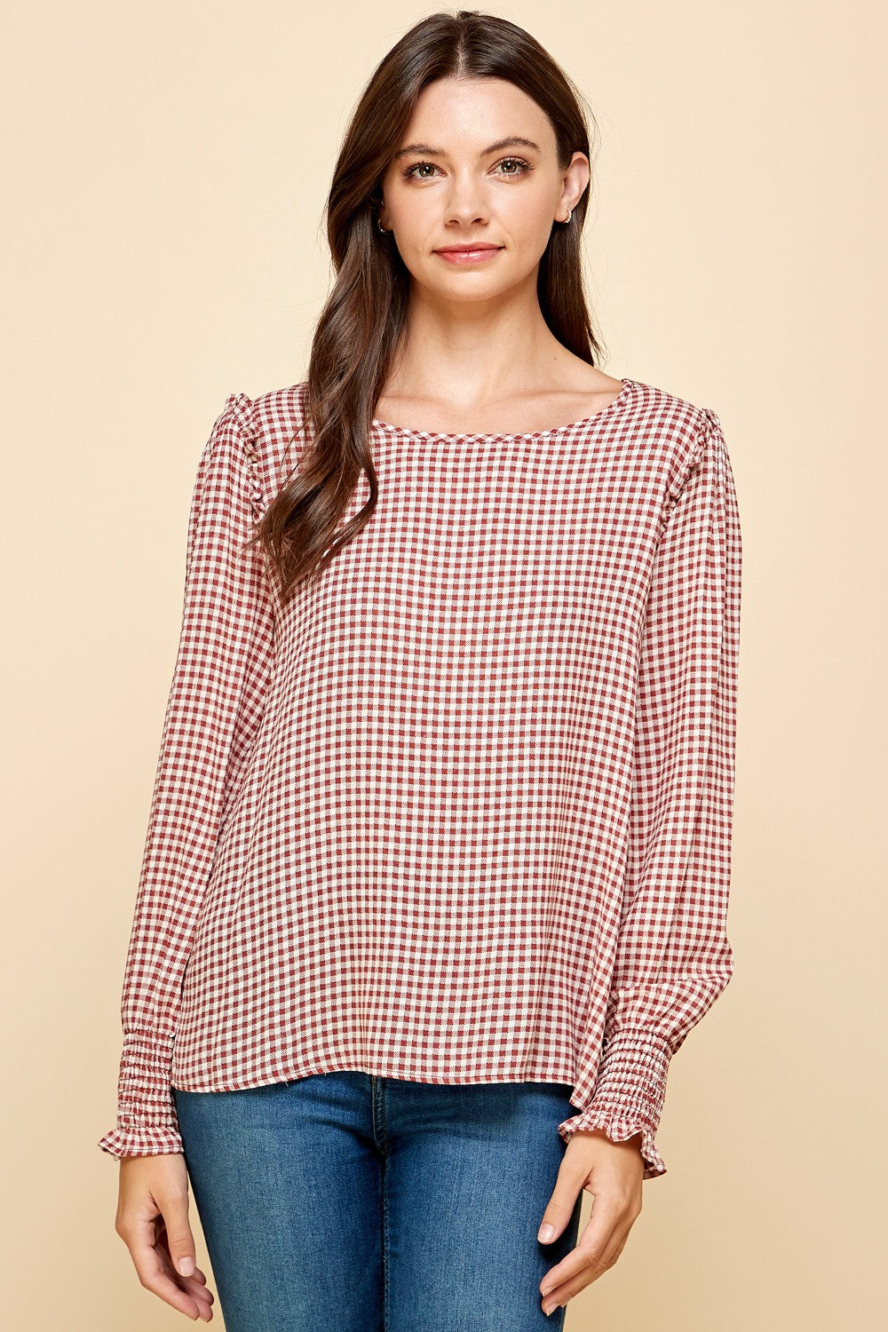 Gingham Print Long Sleeve Top