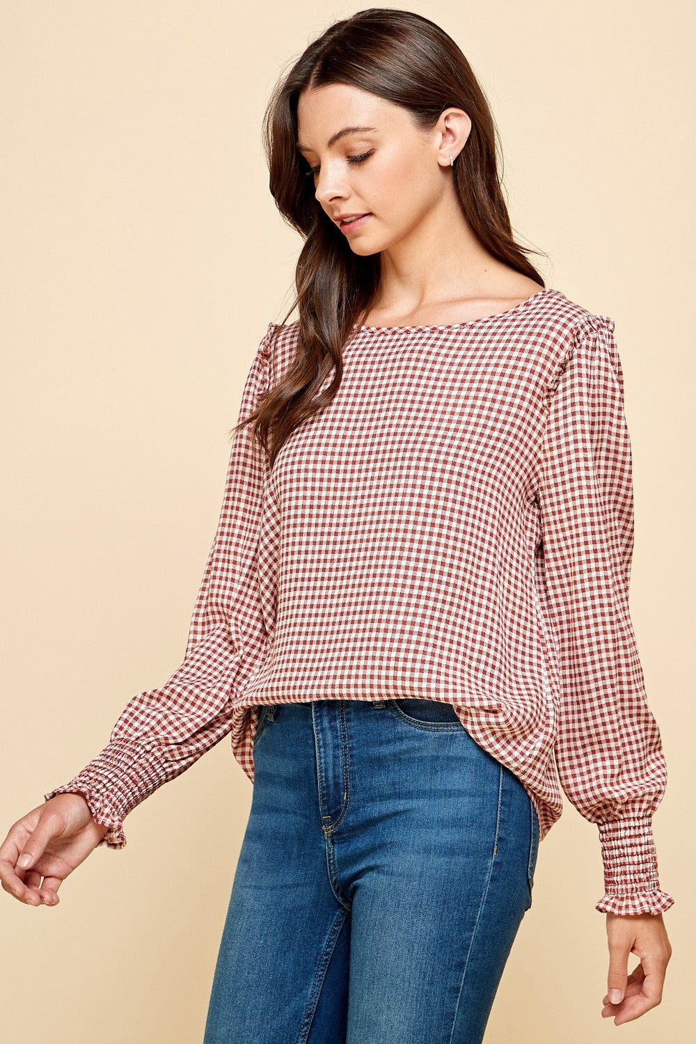 Gingham Print Long Sleeve Top