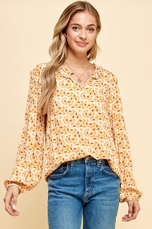 Geometric Print Mustard V-Neck Top