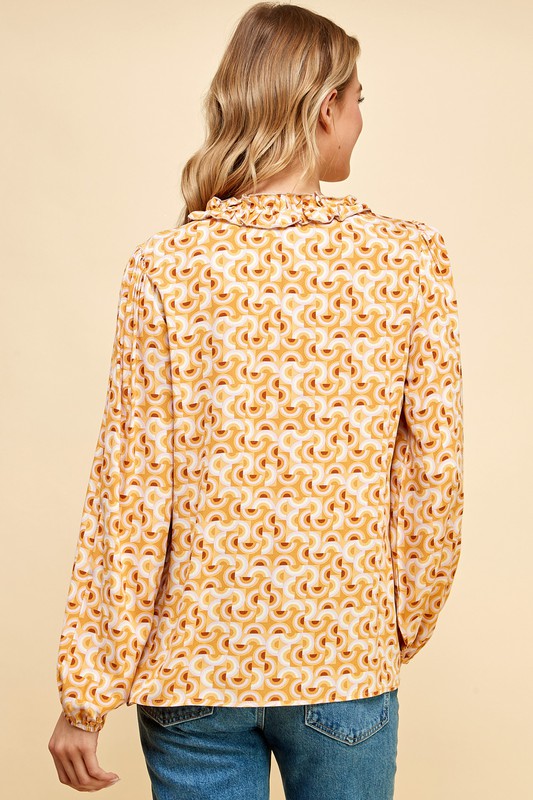 Geometric Print Mustard V-Neck Top