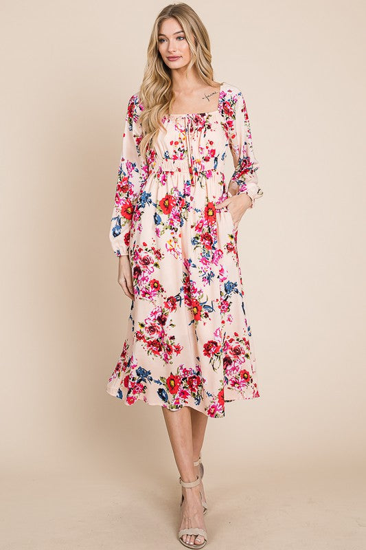 Front Tie Long Sleeve Floral Print Dress