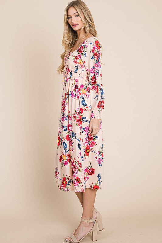 Front Tie Long Sleeve Floral Print Dress