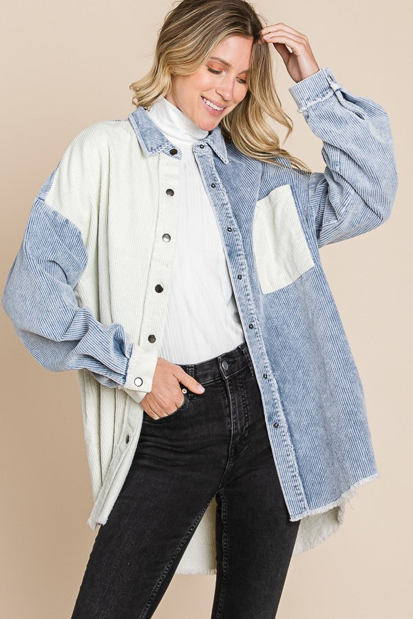 Blue Corduroy Colorblock Shacket