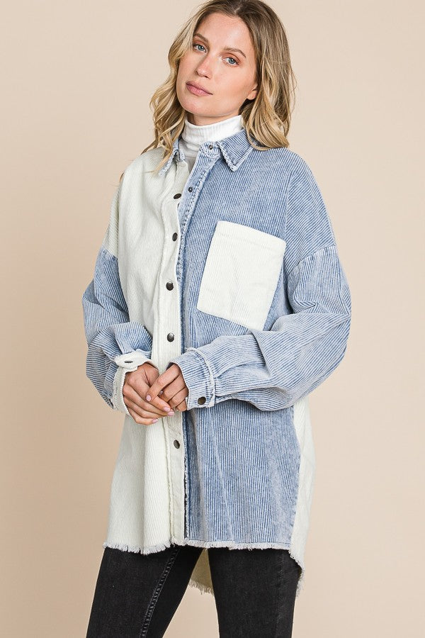 Blue Corduroy Colorblock Shacket