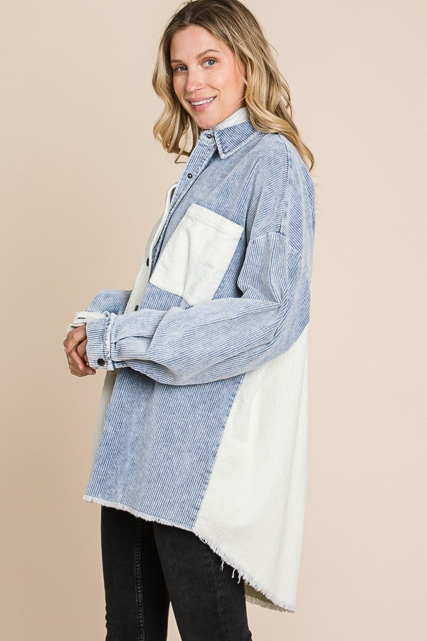 Blue Corduroy Colorblock Shacket