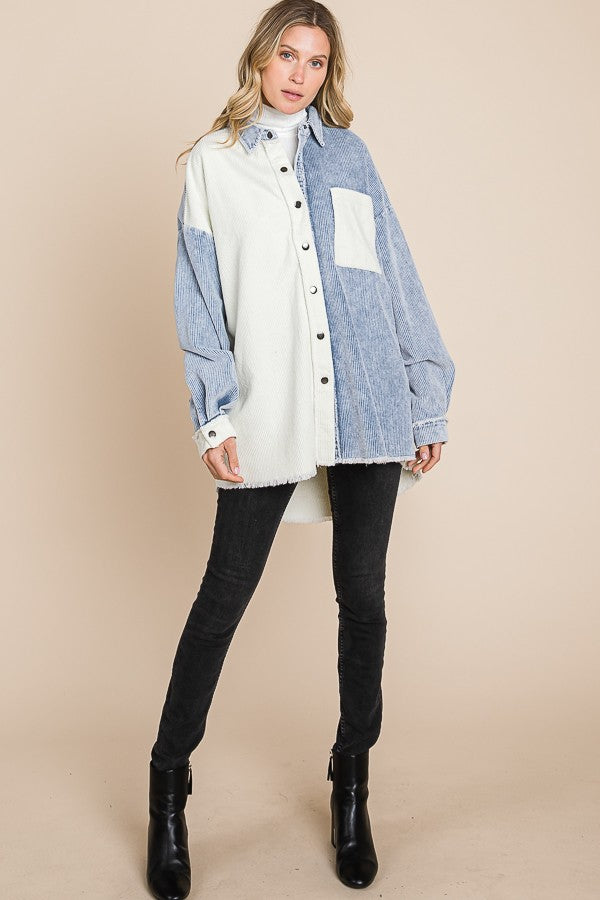 Blue Corduroy Colorblock Shacket