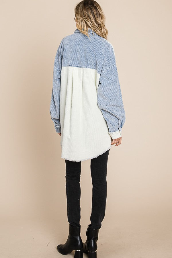 Blue Corduroy Colorblock Shacket