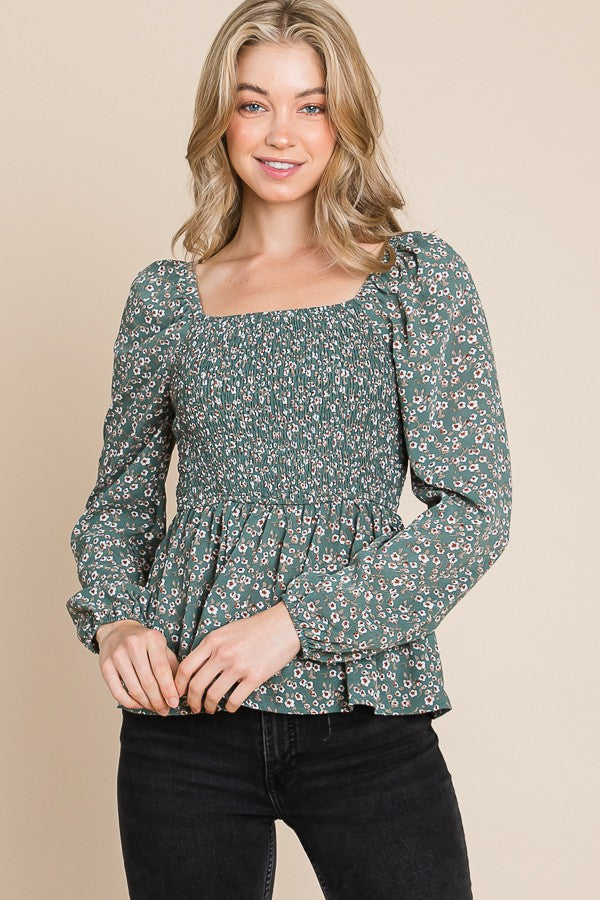 Sage Woven Printed Smocked Top