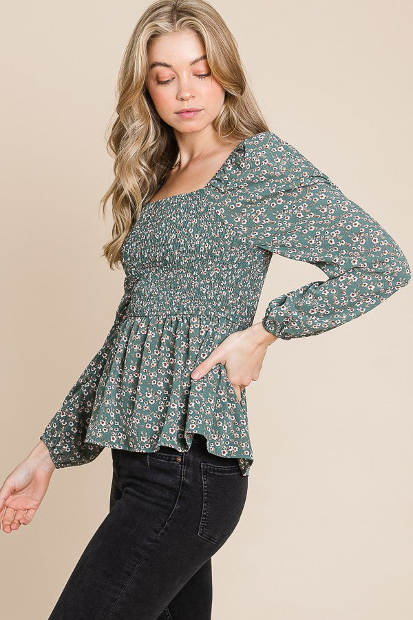 Sage Woven Printed Smocked Top