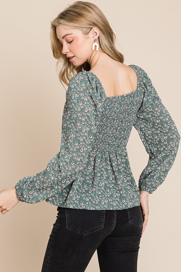 Sage Woven Printed Smocked Top