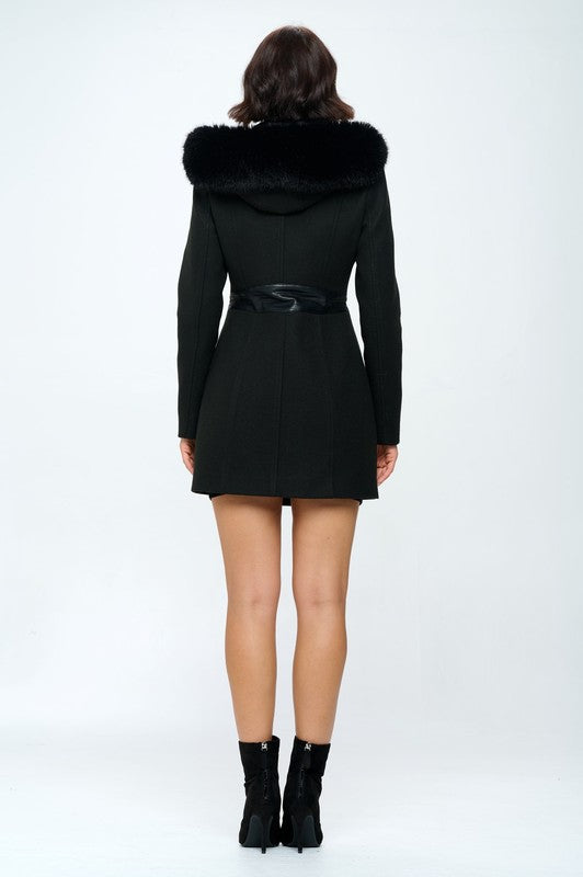 Hooded Faux Wool Coat - Black