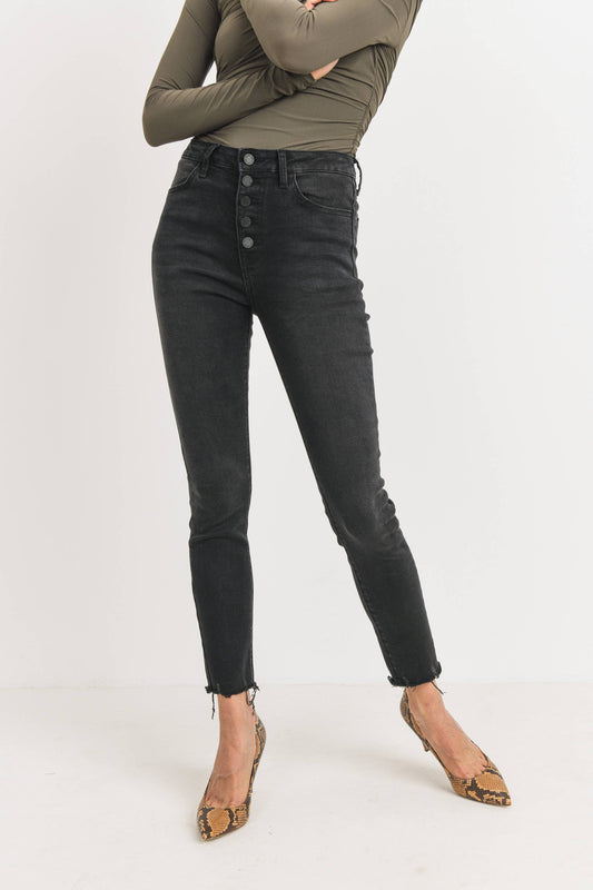 Washed Black Button Fly Skinny Jeans