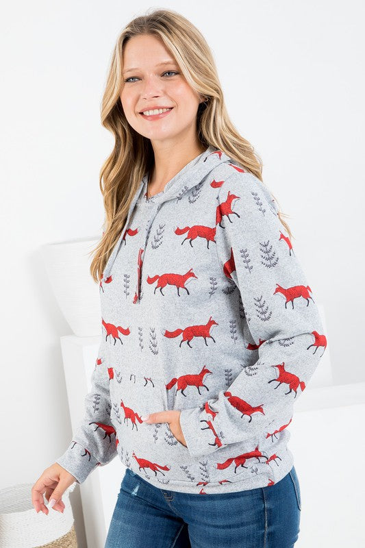 Fox Print Gray Hoodie