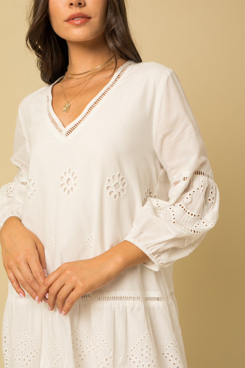 3/4 Sleeve White Embroidered Dress