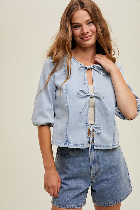 Tie Front Balloon Sleeve Top
