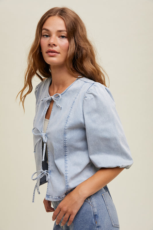Tie Front Balloon Sleeve Top