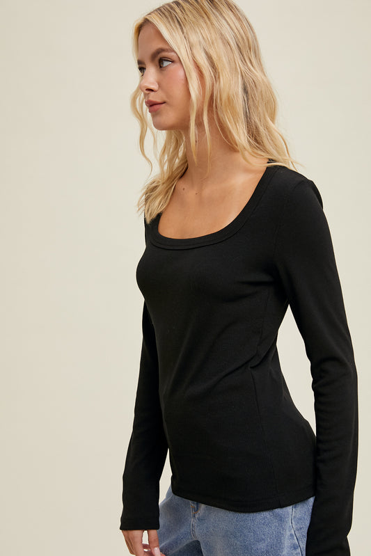 Fitted Scoop Neck Top - Black