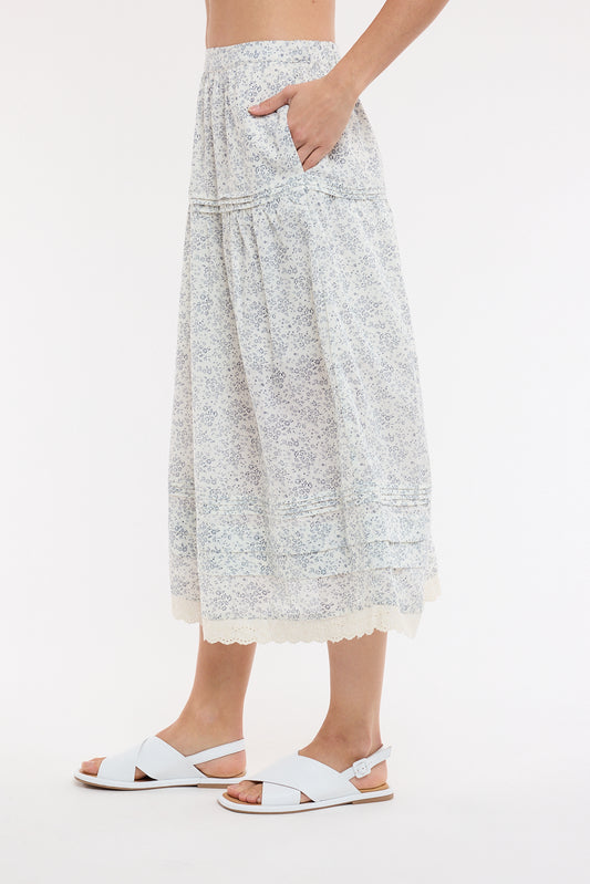 Lace Hem Floral Midi Skirt