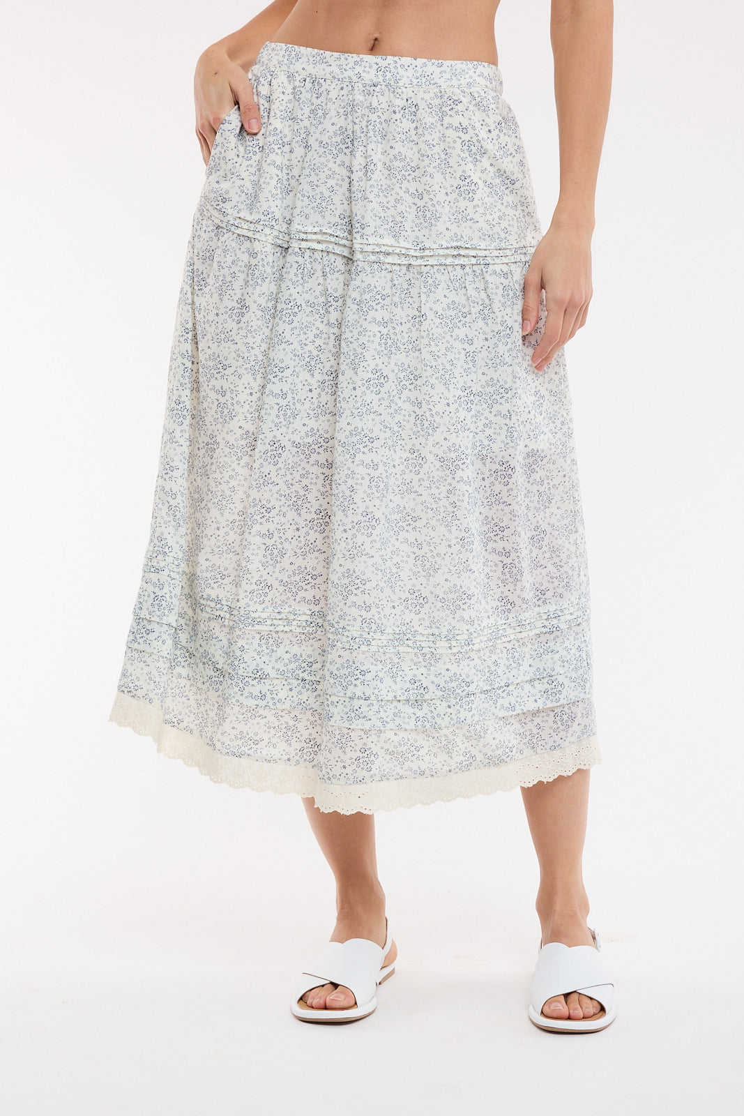 Lace Hem Floral Midi Skirt