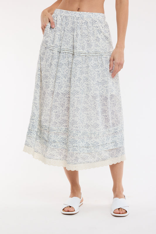 Lace Hem Floral Midi Skirt