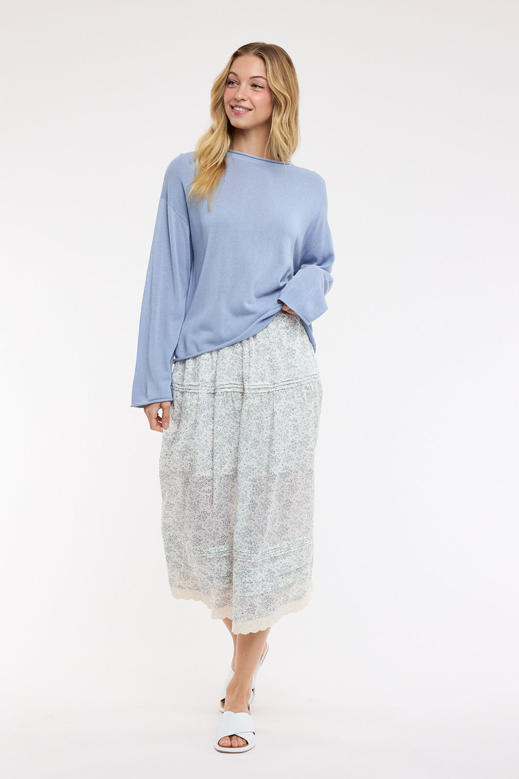 Lace Hem Floral Midi Skirt