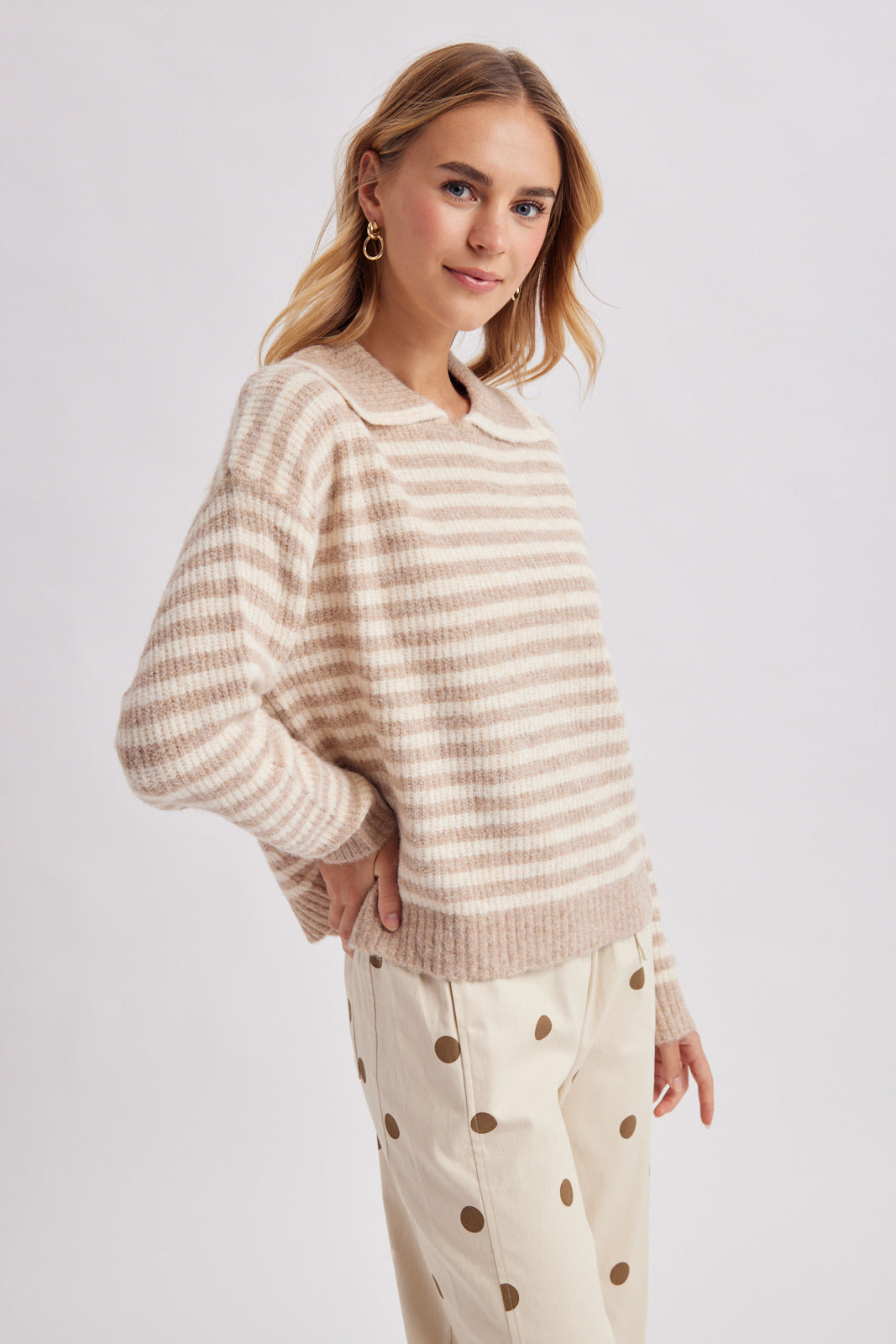Notched Collar Striped Sweater
