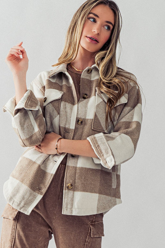 Bella's Plaid Teddy Shacket - Khaki