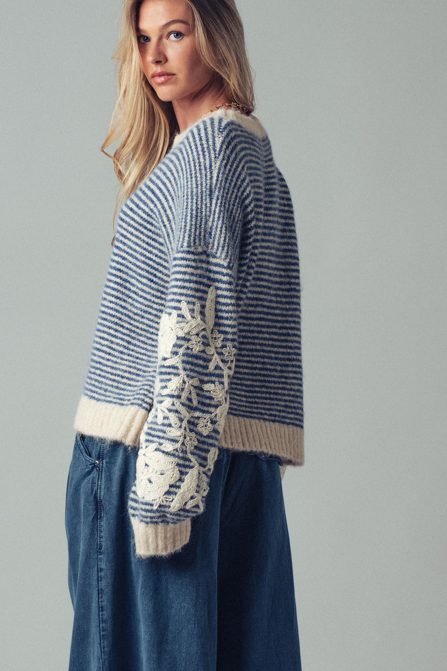 Embroidered Sleeve Detail Sweater