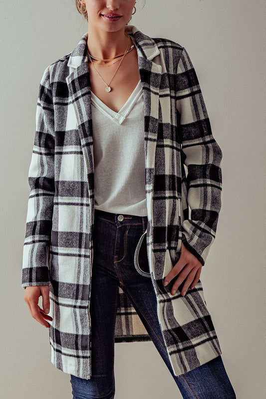 Long Flannel Plaid Coat - Black