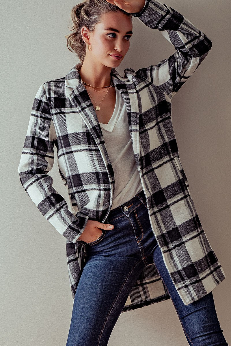 Long Flannel Plaid Coat - Black