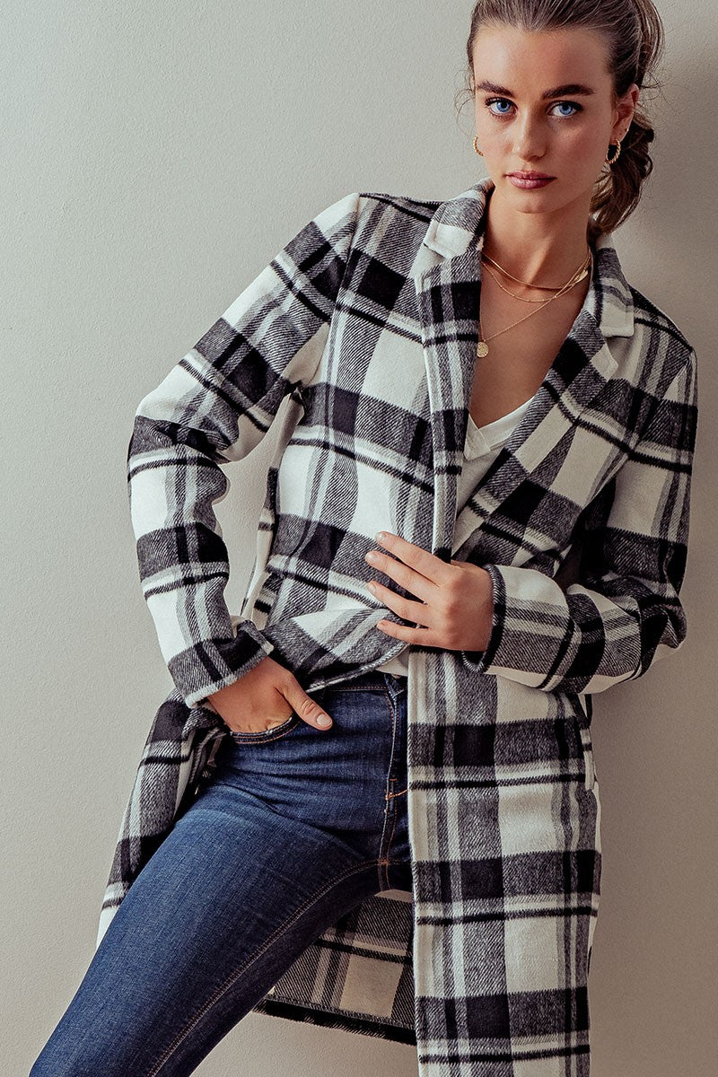 Long Flannel Plaid Coat - Black