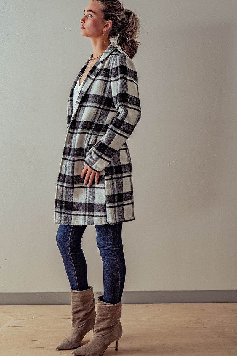 Long Flannel Plaid Coat - Black